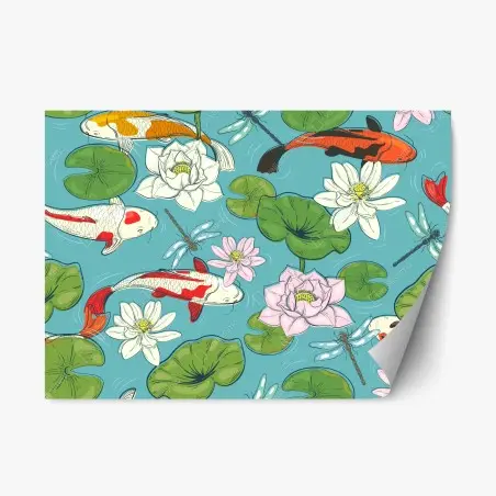 Pegatina reposicionable escena de carpas koi y flores de loto sobre estanque – Pixers®