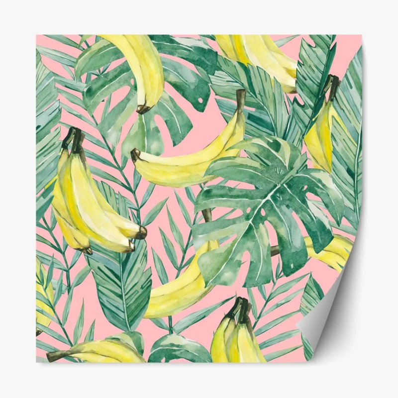 Pegatina reposicionable hojas tropicales y bananas en acuarela sobre fondo rosa