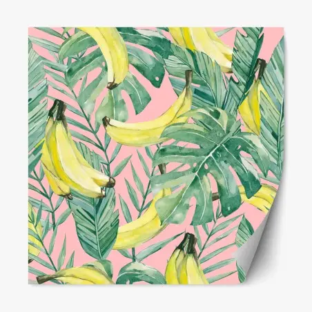 Pegatina reposicionable hojas tropicales y bananas en acuarela sobre fondo rosa – Pixers®