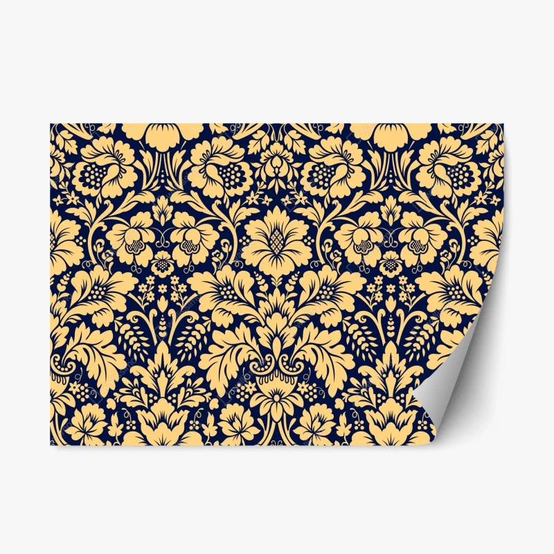 Pegatina reposicionable damasco floral elegante en azul marino y dorado