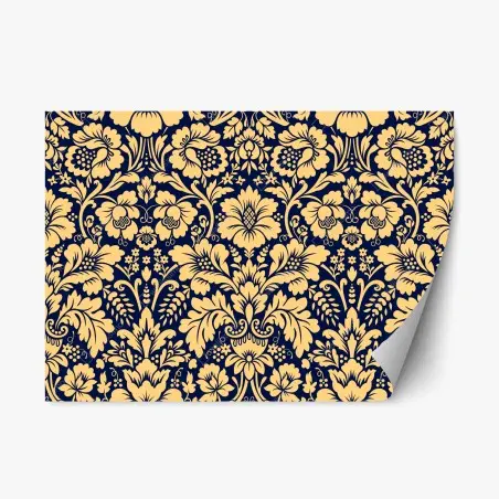 Pegatina reposicionable damasco floral elegante en azul marino y dorado – Pixers®