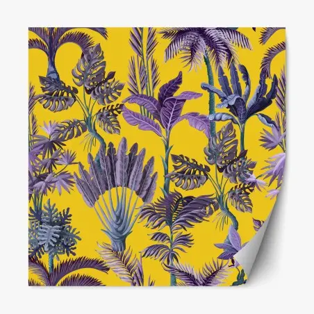 Pegatina reposicionable estampado tropical vintage en morado sobre fondo amarillo – Pixers®