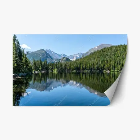 Pegatina reposicionable lago de montaña con reflejo y bosques de pinos – Pixers®
