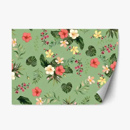 Pegatina reposicionable diseño tropical de flores y hojas sobre fondo verde – Pixers®