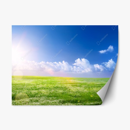 Pegatina reposicionable pradera primaveral bajo cielo azul – Pixers®