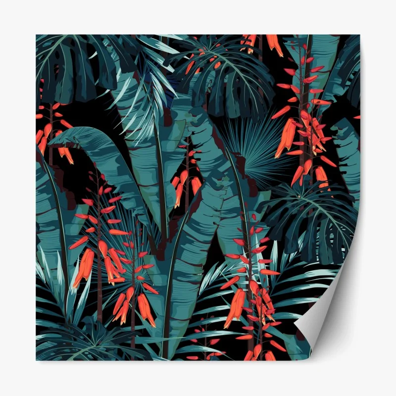 Pegatina reposicionable follaje tropical azul con flores rojas