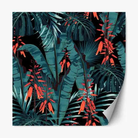 Pegatina reposicionable follaje tropical azul con flores rojas – Pixers®