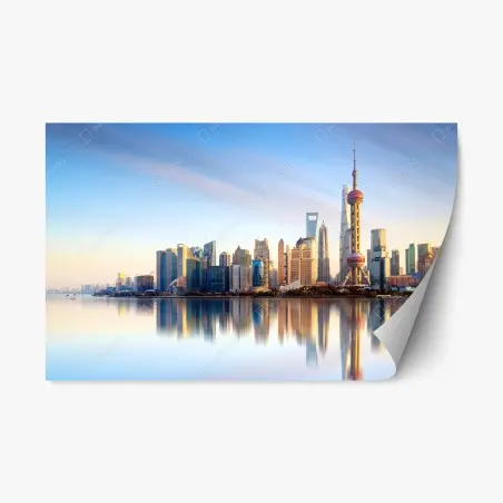 Pegatina reposicionable horizonte moderno de Shanghai al amanecer – Pixers®