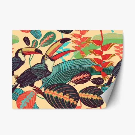 Pegatina reposicionable vibrante paisaje tropical con tucanes – Pixers®