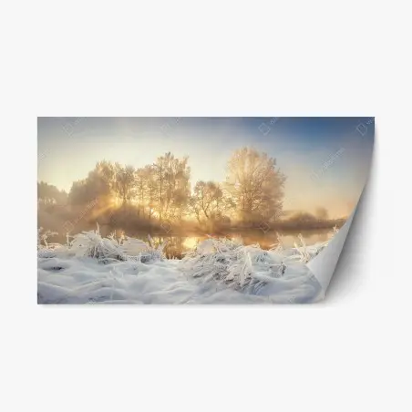 Pegatina reposicionable amanecer dorado en paisaje invernal – Pixers®
