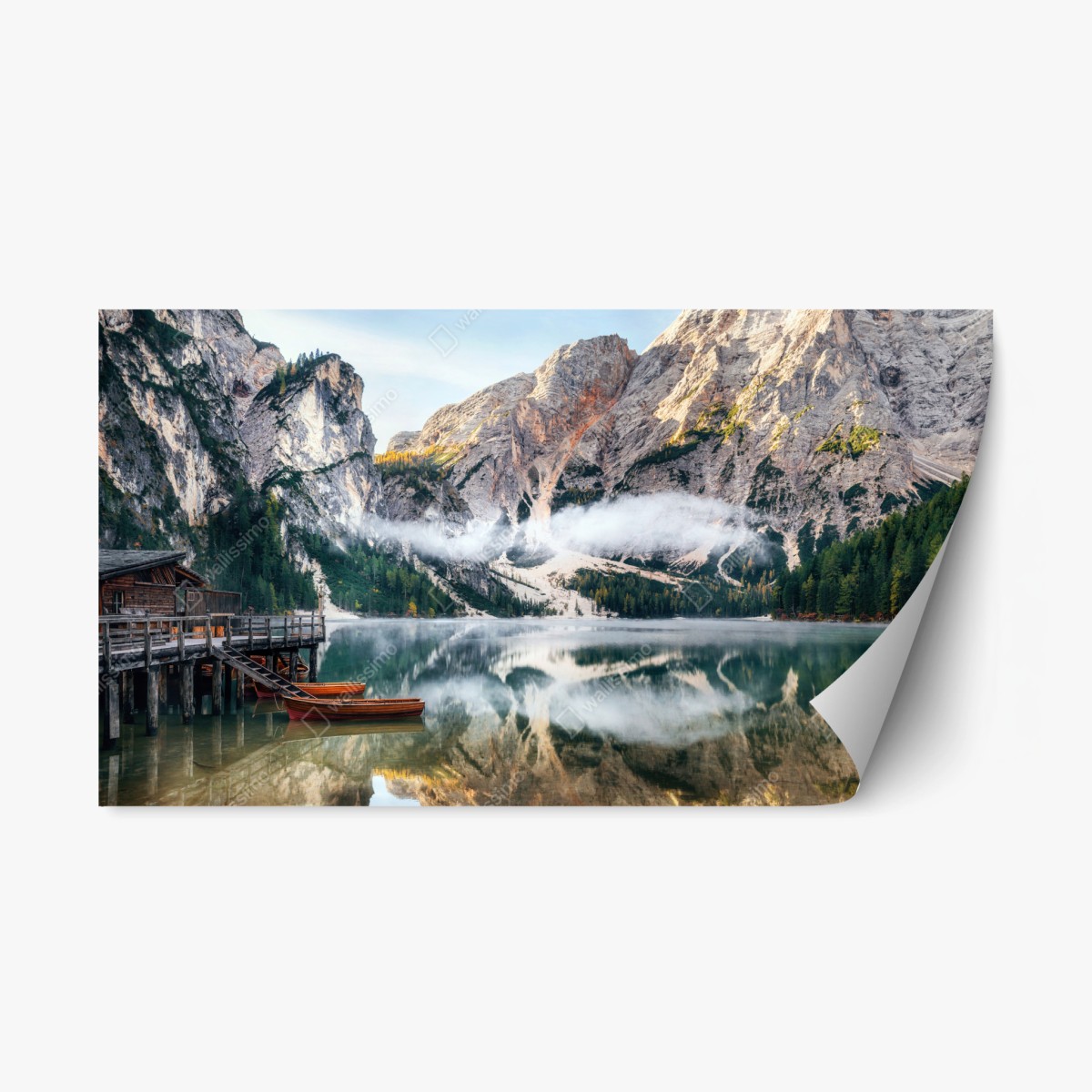 Pegatina reposicionable lago alpino con barcas y reflejo sereno – Pixers®