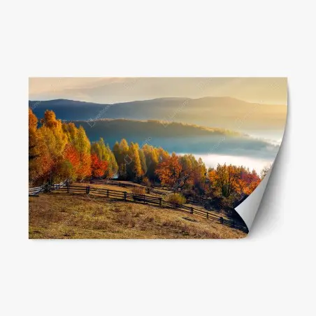 Pegatina reposicionable amanecer otoñal en las montañas con niebla – Pixers®