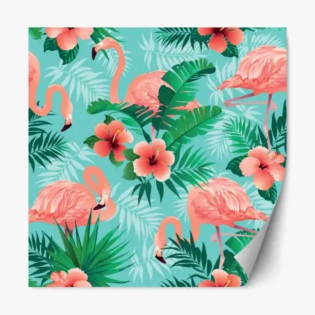 Pegatina reposicionable paraíso tropical de flamencos y hibiscos – Pixers®