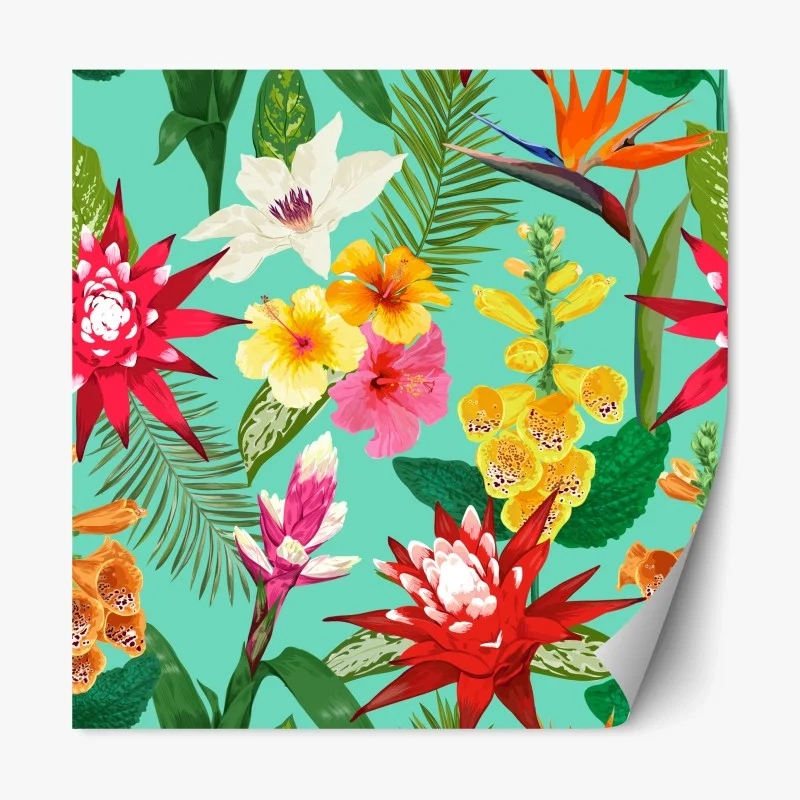 Pegatina reposicionable estampado tropical de flores acuareladas sobre fondo turquesa