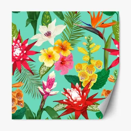 Pegatina reposicionable estampado tropical de flores acuareladas sobre fondo turquesa – Pixers®