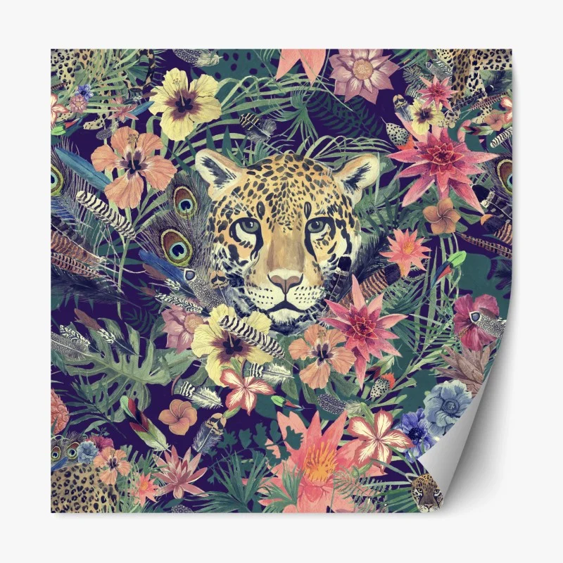 Pegatina reposicionable leopardo en selva acuarelada y flores exóticas