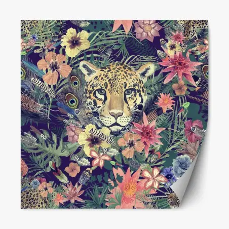 Pegatina reposicionable leopardo en selva acuarelada y flores exóticas – Pixers®