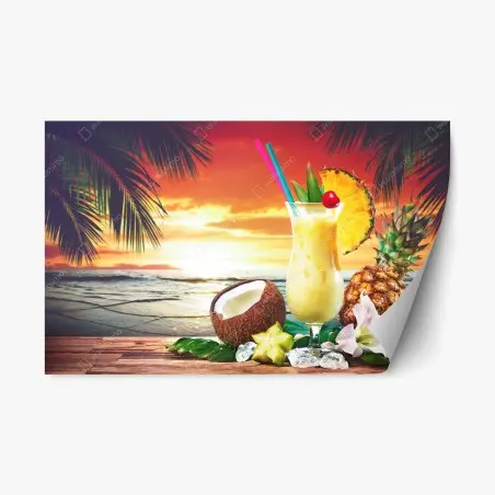 Pegatina reposicionable atardecer tropical con cóctel de piña y coco – Pixers®