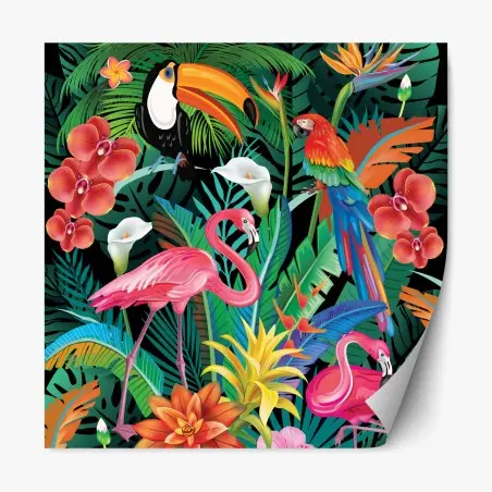 Pegatina reposicionable paraíso tropical con flamencos y aves exóticas – Pixers®
