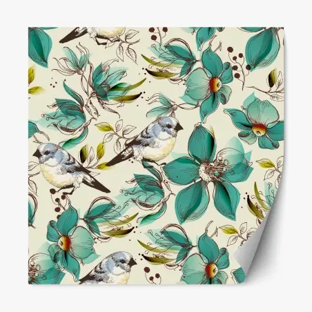 Pegatina reposicionable estampado retro de pájaros y flores turquesa – Pixers®