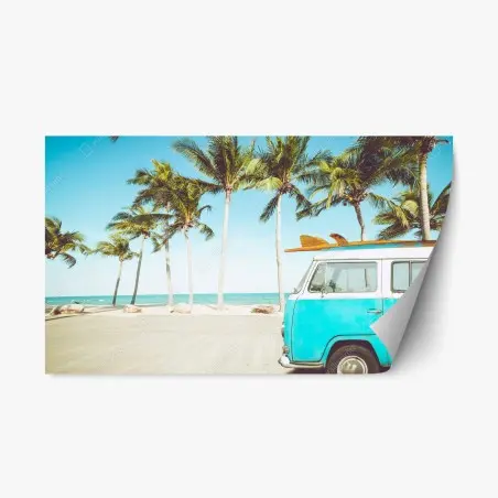Pegatina reposicionable escena retro en la playa con furgoneta y tabla de surf – Pixers®