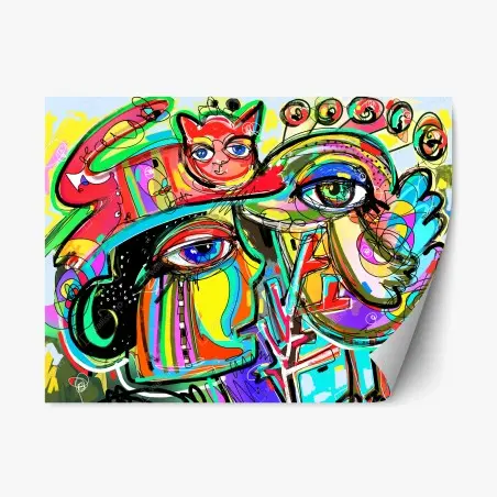 Pegatina reposicionable rostro colorido con gato rojo y pájaro – Pixers®