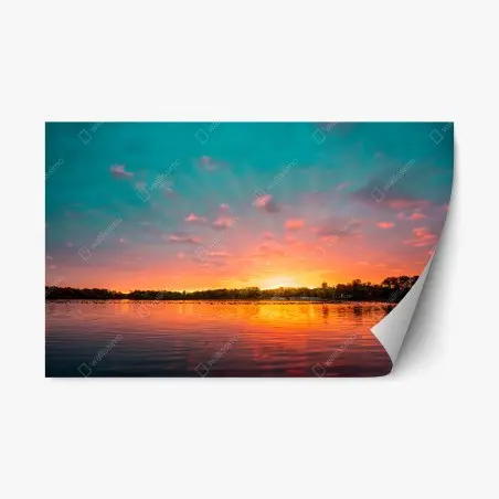 Pegatina reposicionable atardecer sobre el lago en tonos vibrantes – Pixers®
