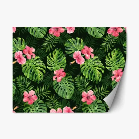 Pegatina reposicionable patrón tropical de hojas monstera y hibiscos rosas – Pixers®