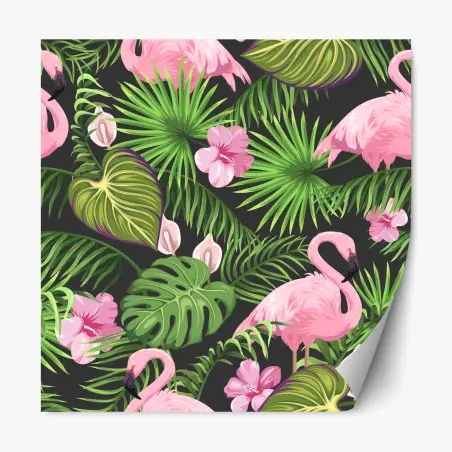 Pegatina reposicionable patrón tropical con flamencos y hojas exuberantes – Pixers®