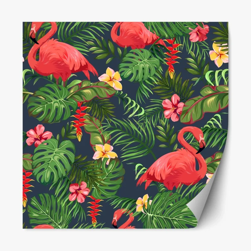 Pegatina reposicionable patrón tropical con flamencos y hojas monstera