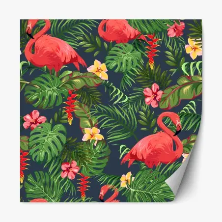 Pegatina reposicionable patrón tropical con flamencos y hojas monstera – Pixers®