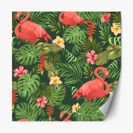 Pegatina reposicionable estampado tropical con flamencos y hojas exóticas – Pixers®