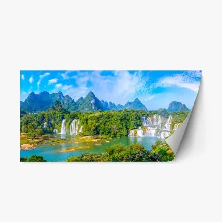 Pegatina reposicionable paisaje panorámico de cascadas y montañas – Pixers®
