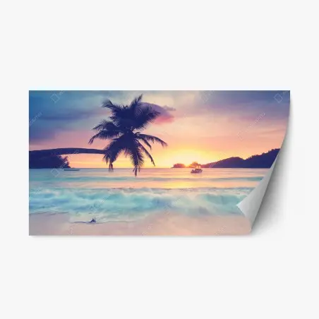 Pegatina reposicionable puesta de sol tropical con palmera y barca – Pixers®