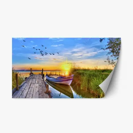 Pegatina reposicionable amanecer en el muelle con barca – Pixers®