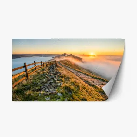 Pegatina reposicionable amanecer en la cresta neblinosa – Pixers®