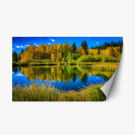 Pegatina reposicionable paisaje otoñal junto al lago con reflejos – Pixers®