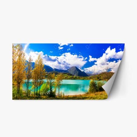 Pegatina reposicionable paisaje de lago turquesa y montañas – Pixers®