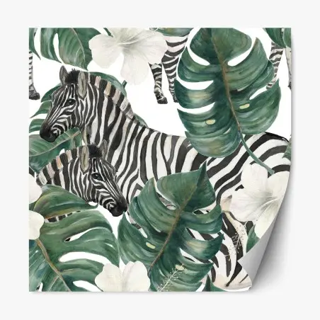 Pegatina reposicionable estampado selvático de cebras y hojas de monstera – Pixers®
