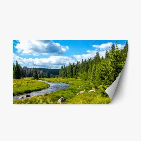 Pegatina reposicionable paisaje de río y bosque en verano – Pixers®