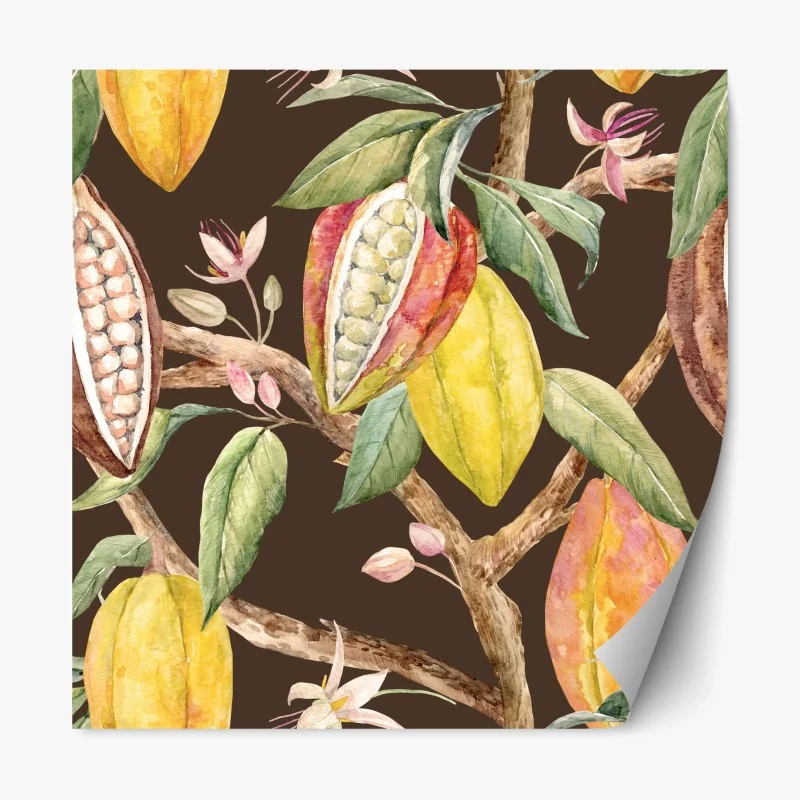 Pegatina reposicionable patrón botánico de cacao en acuarela