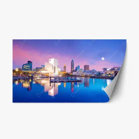 Pegatina reposicionable amanecer sobre Cleveland: horizonte desde la orilla del lago – Pixers®