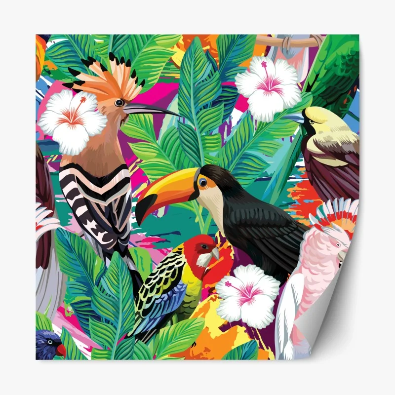Pegatina reposicionable selva de aves tropicales en colores vivos