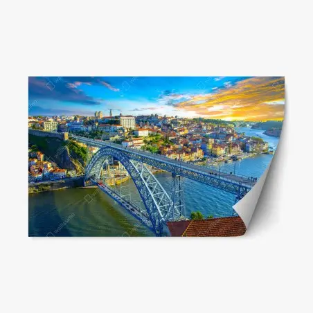 Pegatina reposicionable atardecer vibrante sobre el puente y la ciudad – Pixers®