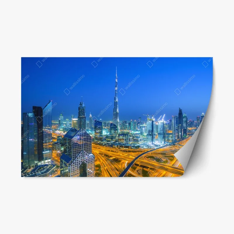 Pegatina reposicionable vibrante horizonte nocturno de Dubai