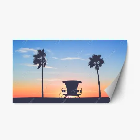 Pegatina reposicionable puesta de sol en la playa con torre de salvavidas – Pixers®