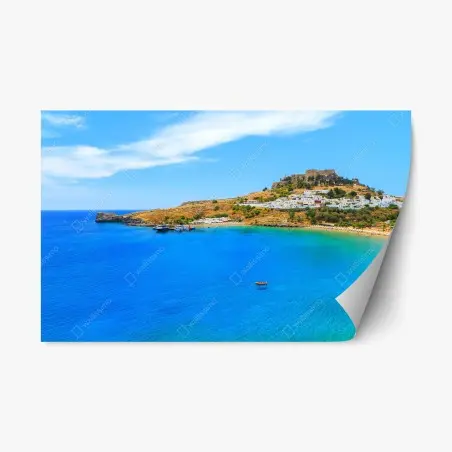 Pegatina reposicionable pueblo blanco junto a bahía azul – Pixers®