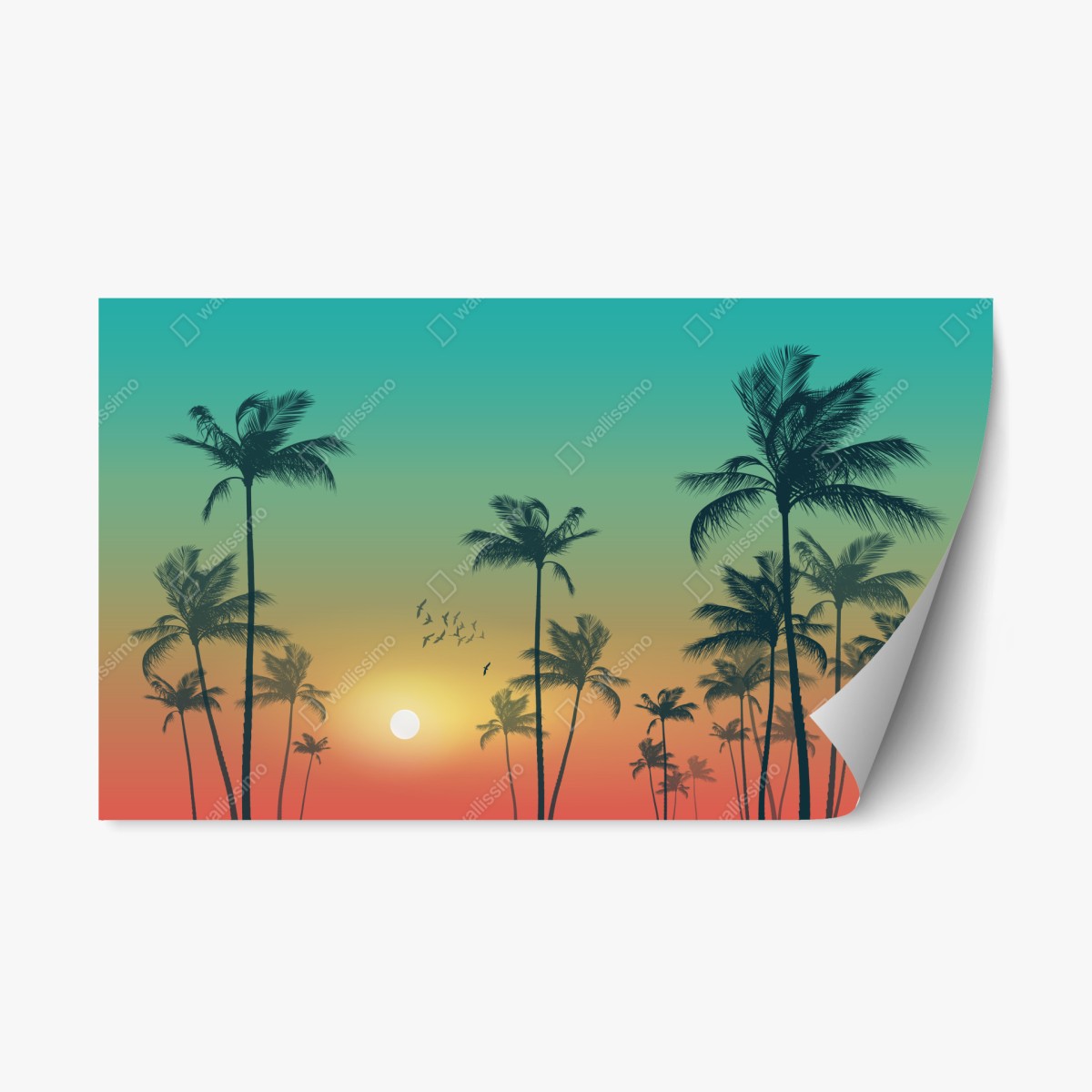 Pegatina reposicionable atardecer tropical entre palmeras – Pixers®