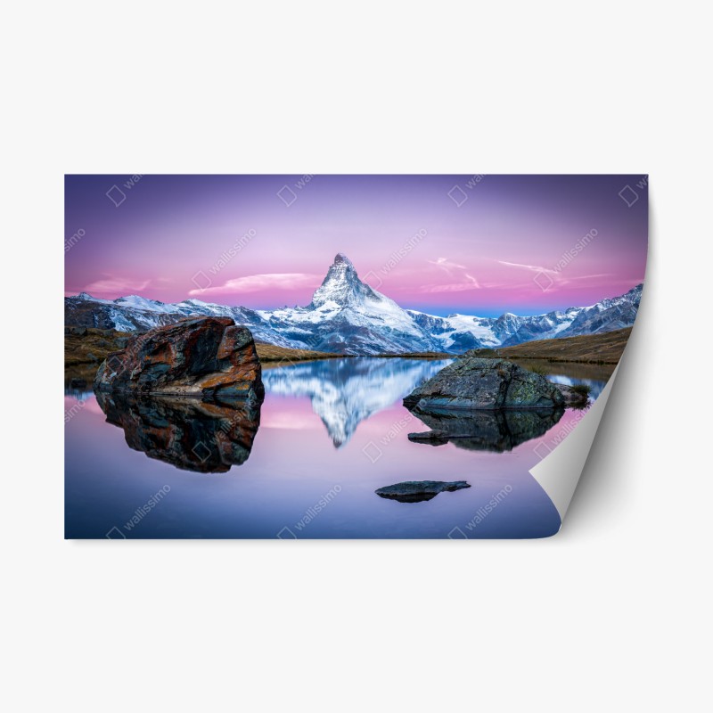 Pegatina reposicionable atardecer en el Matterhorn, reflejo alpino