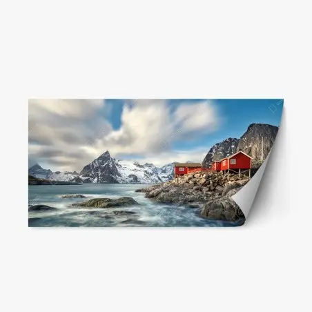 Pegatina reposicionable refugio rojo en la costa de montañas nevadas – Pixers®